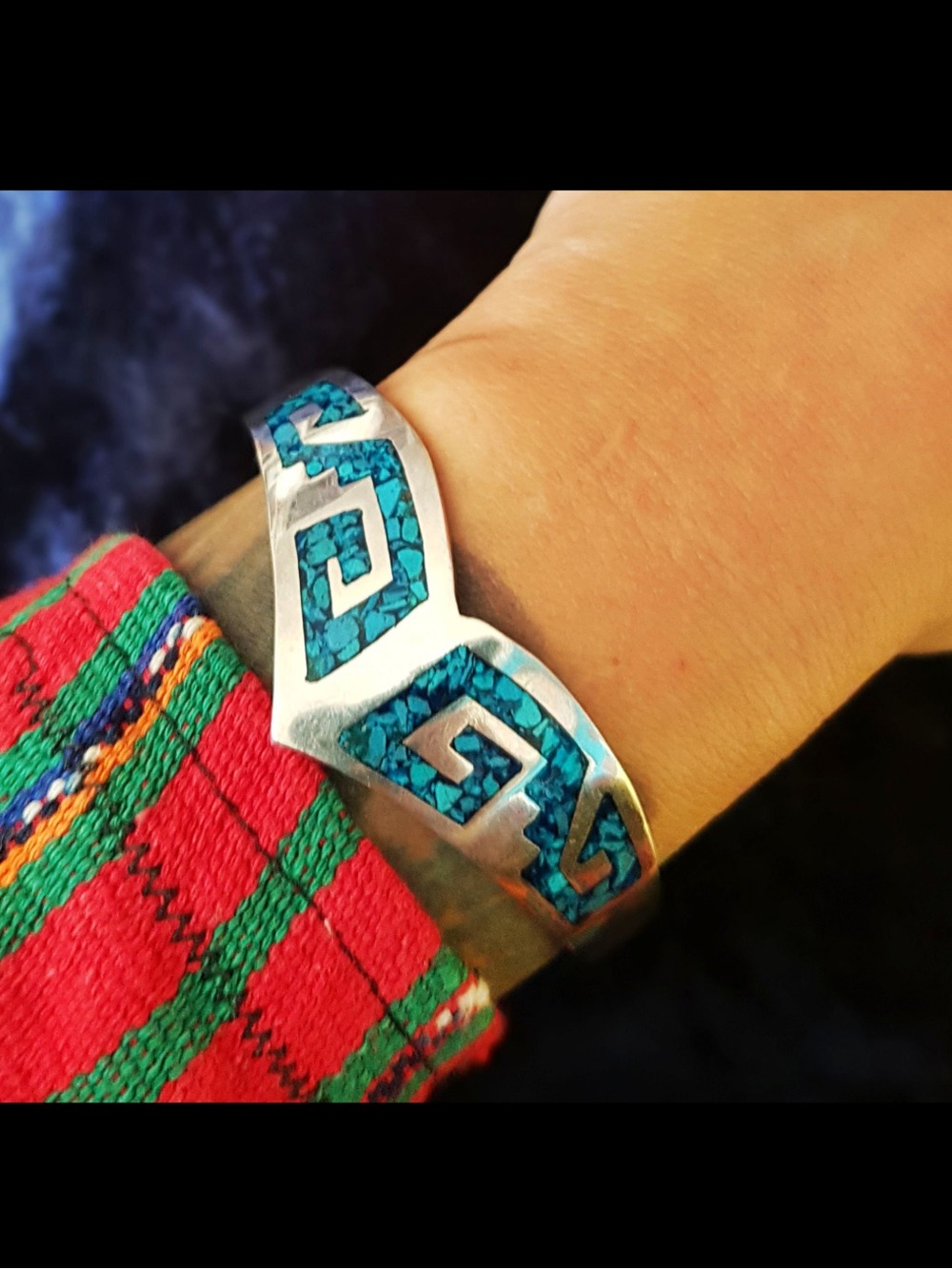 Vintage Mexico, Mexican, Turquoise Inlay Cuff Bracelet, Ethnic, Tribal, Taxco